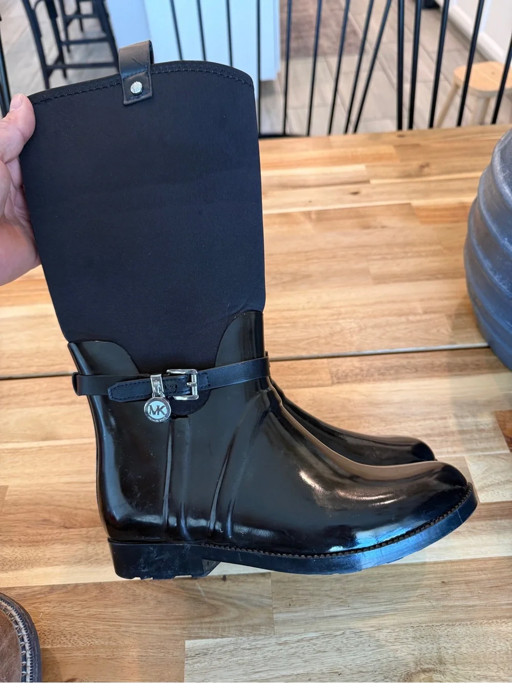 Michael Kors Black Gloss Rain Boot with Buckle Charm